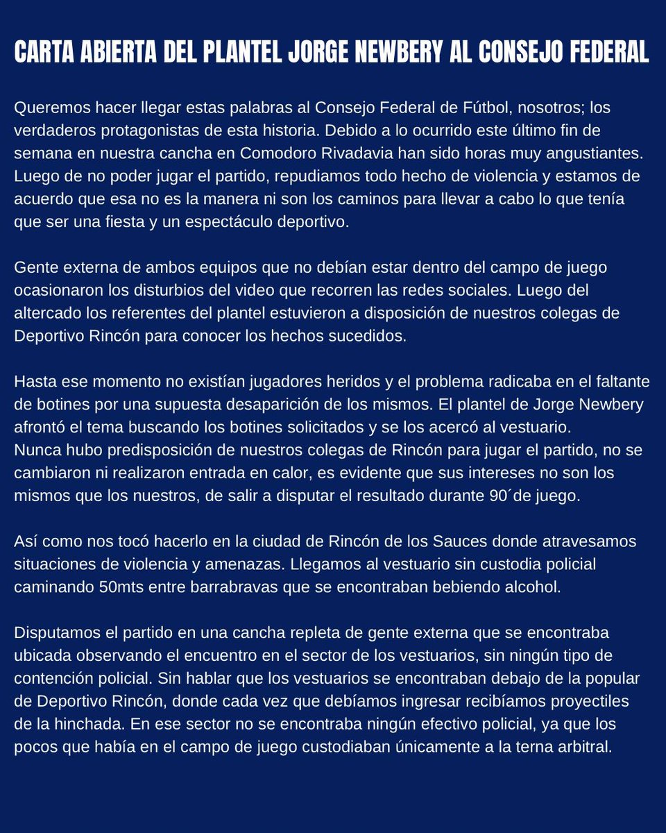 Newberyescr's tweet photo. Que prevalezcan el deporte, los valores y la pasión 🙌

👉 El comunicado de los jugadores del Club Jorge Newbery sobre los hechos ocurridos en ambas finales patagónicas ante Deportivo Rincón. 

Los verdaderos protagonistas. https://t.co/QcacwoZFK4