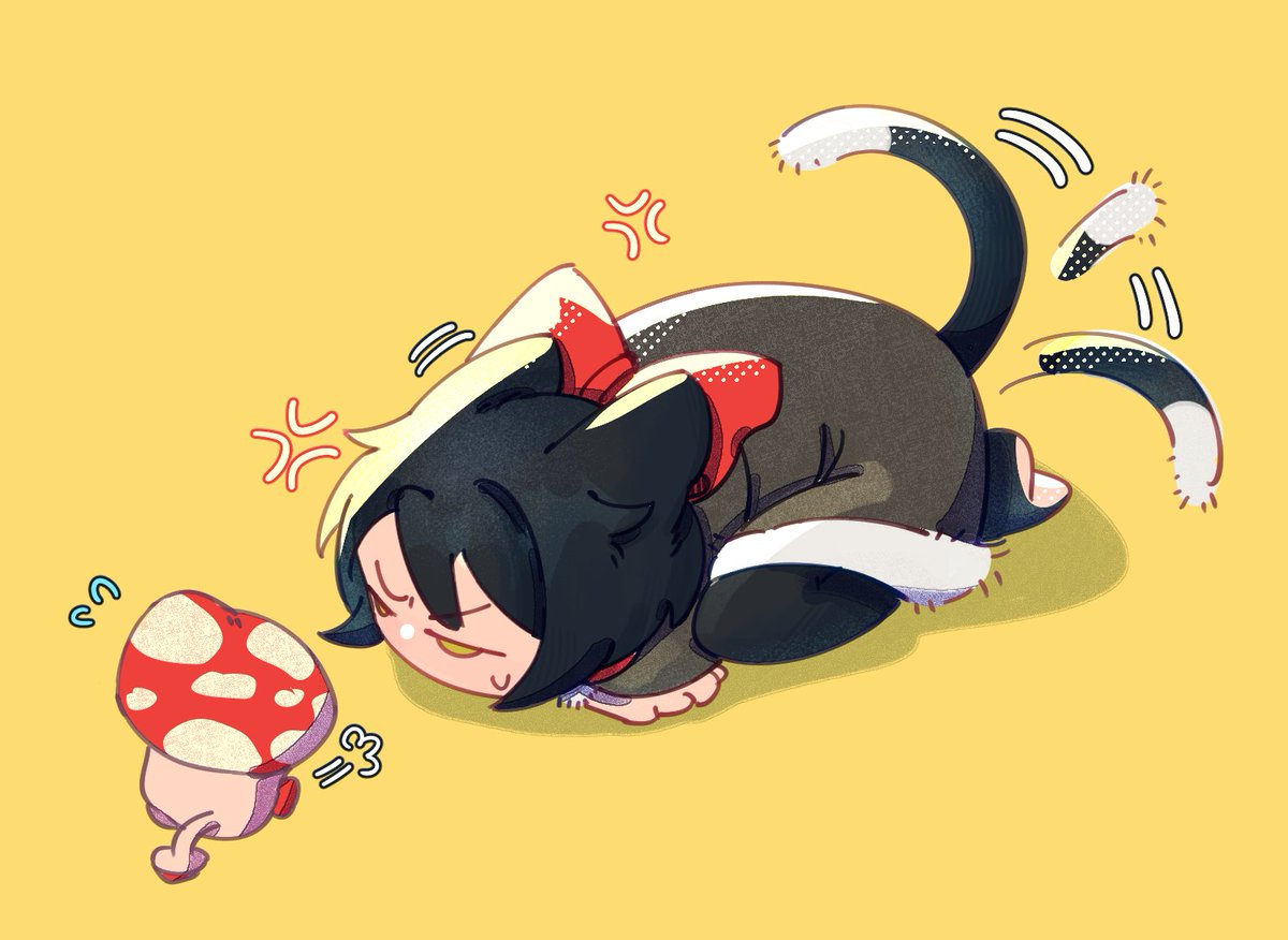 tail animal ears cat tail anger vein black hair cat ears yellow background  illustration images