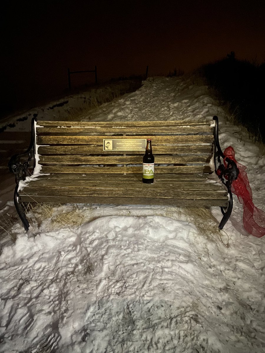 PrimroseRob's tweet image. Just got back from hiking out to the bench we set up in the valley in honour of our son. Had a Beer in his honour. He enjoyed a cold beer. He’d bring me different ones to try. The one on the bench is the last one he brought for me to try. Can’t seem to bring myself to open it.