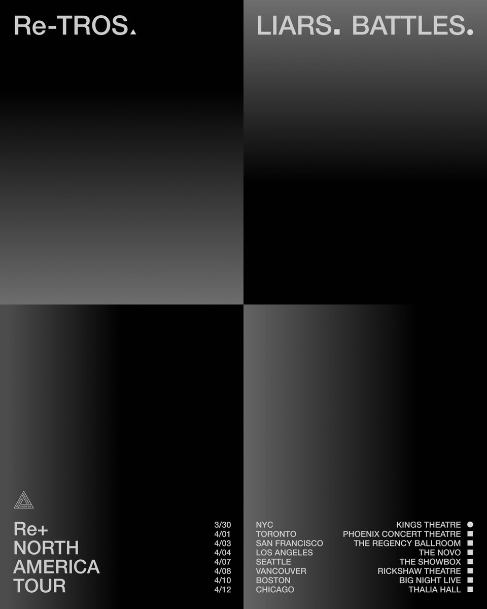 Re_TROS's tweet image. We are very excited to announce Re-TROS North America tour w/ @LiarsOfficial and @BATTLES . We’re honored to share the stage with such inspiring artists.