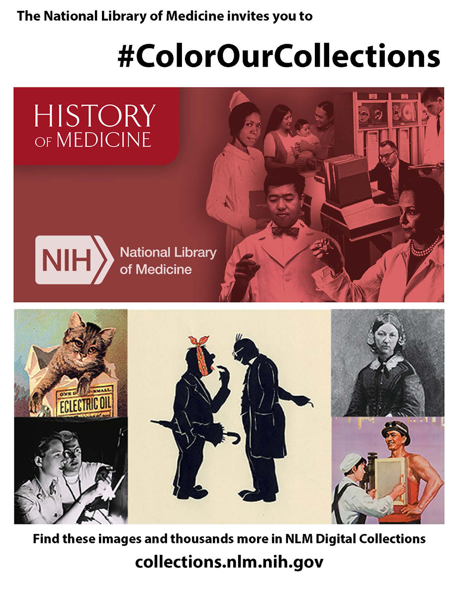 NLM_NIH's tweet photo. Welcome to #ColorOurColections week sponsored by @NYAMNYC! We invite you to get creative with the National Library of Medicine’s free coloring book https://t.co/d7e14OL6Vv! Download, print, color, and mention @NLM_NIH using the hashtag #ColorOurCollections. https://t.co/eXH3Fc9Het