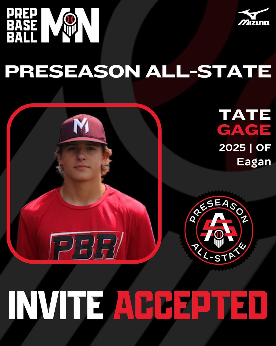 𝟐𝟎𝟐𝟒 𝐌𝐍 𝐏𝐫𝐞𝐬𝐞𝐚𝐬𝐨𝐧 𝐀𝐥𝐥-𝐒𝐭𝐚𝐭𝐞

Tate Gage ➡️ 𝘐𝘯𝘷𝘪𝘵𝘦 𝘈𝘤𝘤𝘦𝘱𝘵𝘦𝘥

✖️: <a href="/TateGage5/">Tate Gage</a>
⚾: OF
🎓: 2025
📚: <a href="/Eagan__Baseball/">Eagan Baseball</a>
👥: <a href="/MASH__BASEBALL/">MASH ⚾️</a>

#MNPreseasonAS24

👤: loom.ly/8wHGDlU