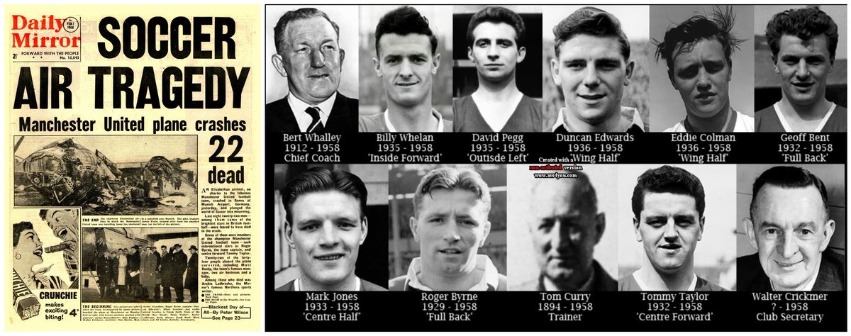 OnDisasters's tweet photo. #OTD in 1958: Munich Air Disaster (Germany). BEA Flight 609, a AS.57, crashes in Munich. 23 of 44 aboard die, including 8 Man United footballers. On takeoff run aircraft left runway, hit obstacles. Early report blamed crew, later investigation pointed poor runway conditions. https://t.co/P8P6fKLal1