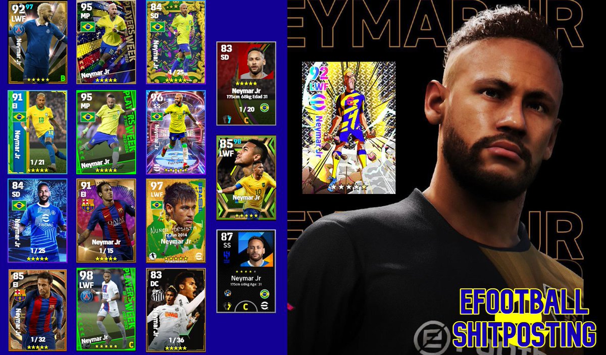 pes_shitposting's tweet photo. ¡Feliz cumpleaños, Neymar Jr 🇧🇷 ! 🎂🎉
Actual Embajador de eFootball 🥰
Todas las cartas actuales en #eFootball2024
¿Cuál es tu favorita? 🤔 https://t.co/KCqcGshBEq