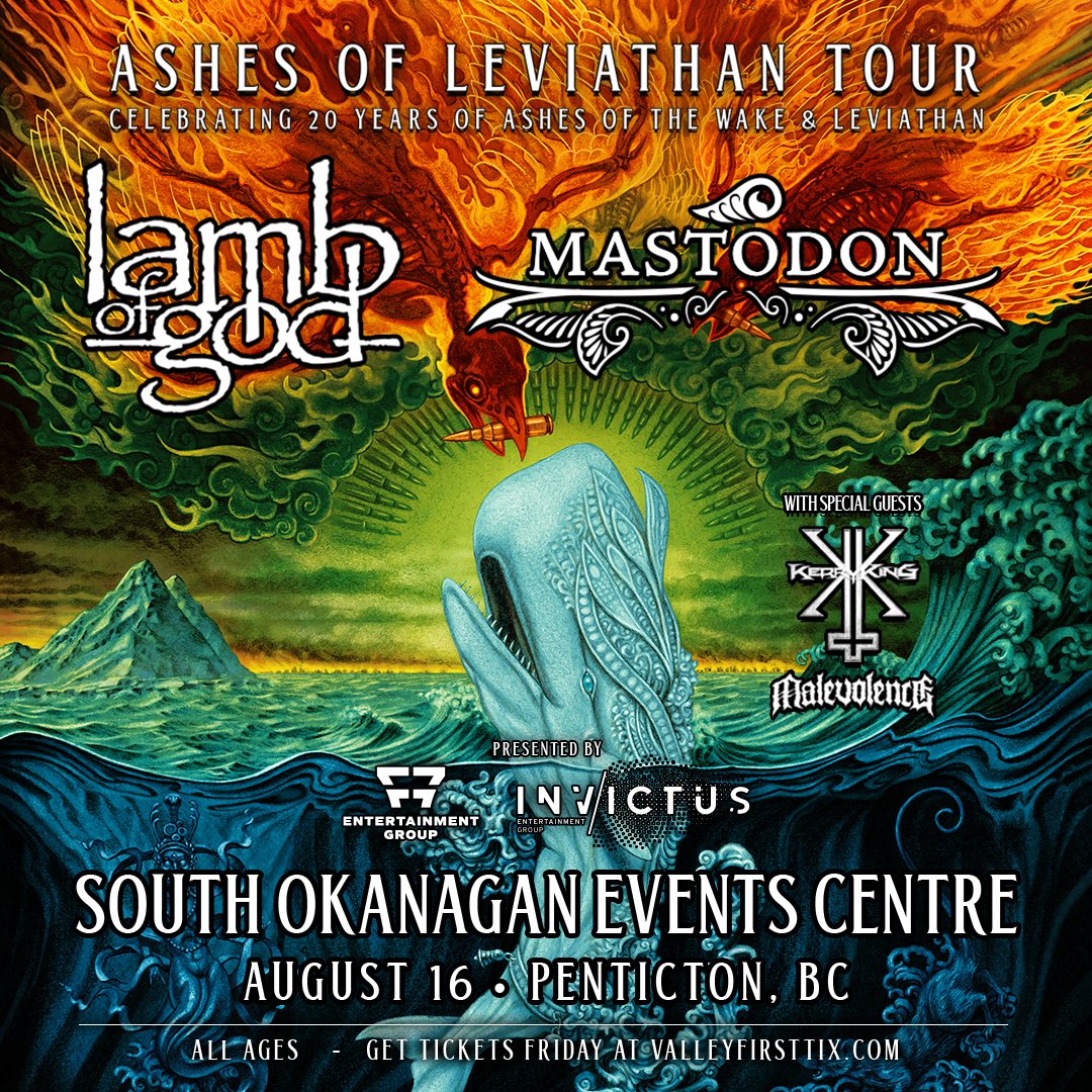 JUST ANNOUNCED📢 @lambofgod and @mastodonmusic bring their Ashes of Leviathan Tour to the SOEC on Friday, August 16, 2024, with @MalevolenceRiff and @kerrykingmusic! Tickets go on sale this Friday, February 9, at 10:00 AM PT. 🎫 @f7entgroup, @iegroupca