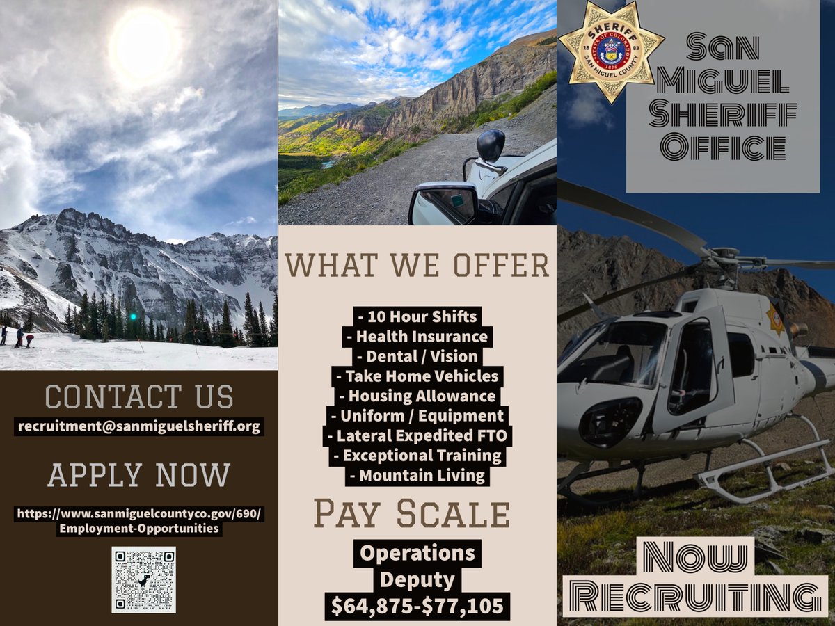 The San Miguel Sheriff’s Office is recruiting Operations Patrol Deputies. Explore a fulfilling career in law enforcement and help ensure safety and serve the community. Check out the attached flyer for details.#nowhiring #lawenforcementcareers #JoinOurTeam