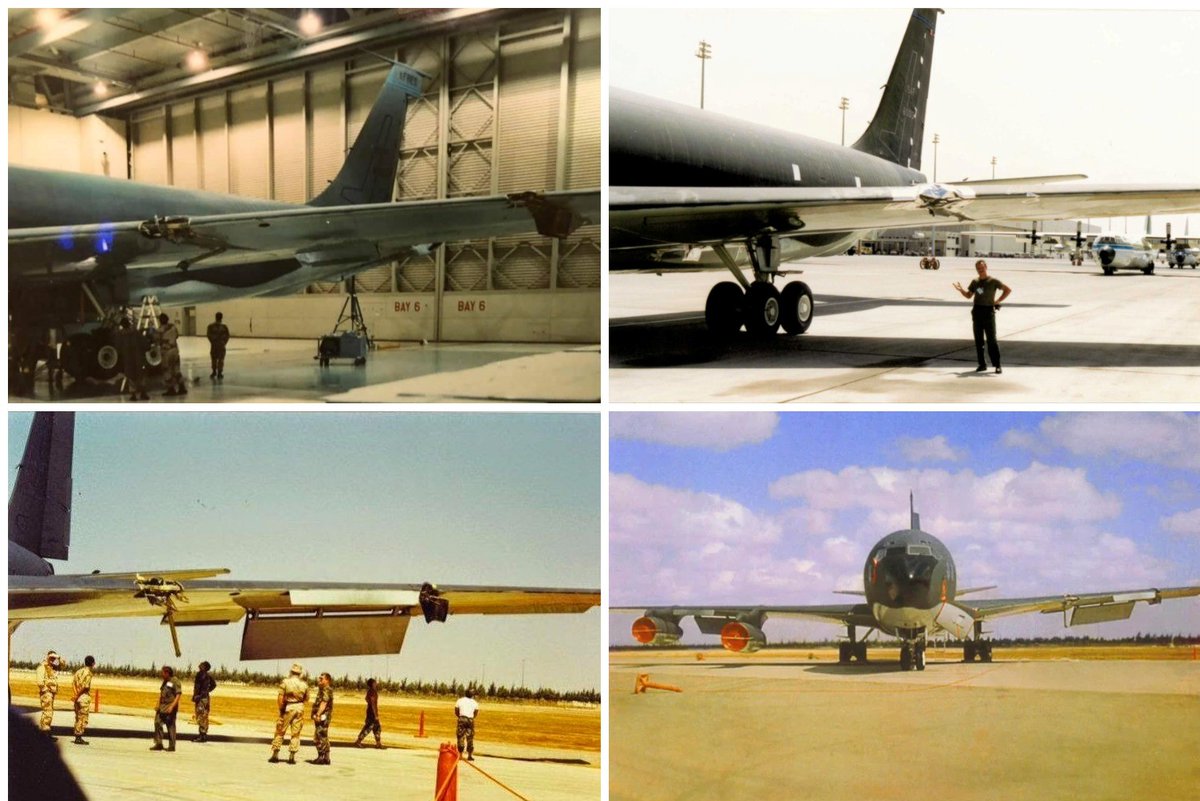 OnDisasters's tweet photo. #OTD in 1991: a USAF KC-135 “Whale 05” [58-0013] is damaged over Jeddah (Saudi Arabia). All 4 aboard survive. At FL250, jet met wake turbulence, leading to sudden roll, causing engines #1 and #2 to separate from left wing. Crew regained control, was able to land safely. https://t.co/Ex3MOz5x4A
