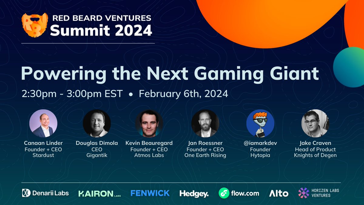 At 2:30 pm tune in to the #RBVSummit panel "Powering the Next Gaming Giant" with @dimola88 of <a href="/gigantik_/">Gigantik</a>,  <a href="/CanaanLinder/">Canaan Linder</a> of @Stardust, <a href="/JanRoessner/">Jan Roessner</a> of <a href="/OneEarthRising/">One Earth Rising™</a>, <a href="/KevinBeauregard/">Kevin Beauregard</a> of <a href="/Atmos_Labs/">Atmos Labs</a> <a href="/iamarkdev/">ArkDev | HYTOPIA</a> of <a href="/hytopia/"></a> , and <a href="/Craven_JE/">Jake Craven</a> of <a href="/knightsofdegen/">Knights of Degen</a>.