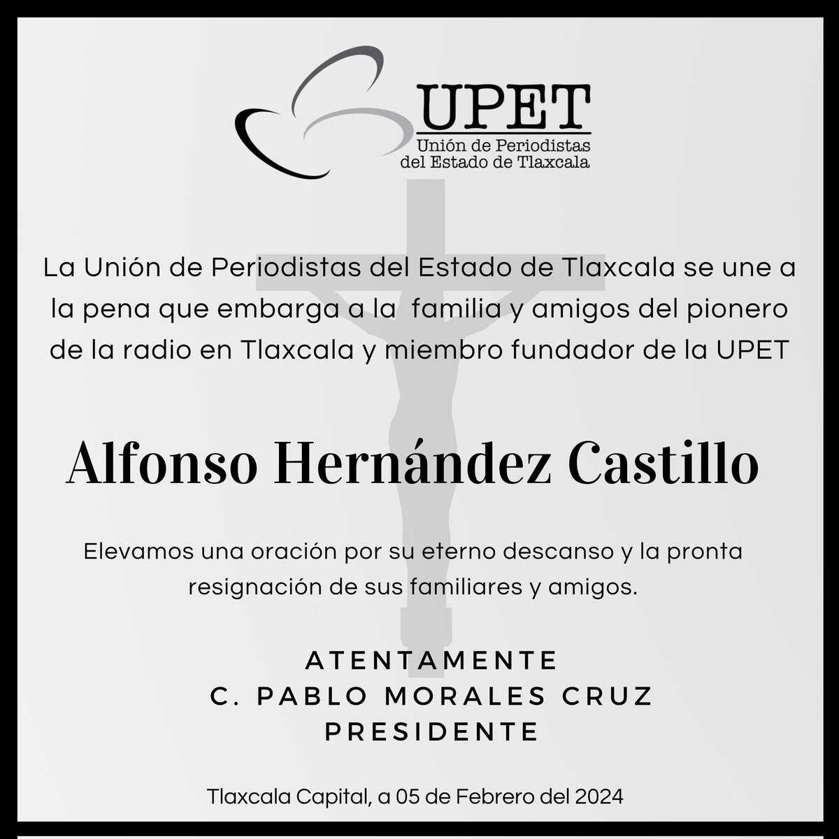 upet_oficial's tweet image. #UPET | La Unión de Periodistas del Estado de Tlaxcala se une a la pena que embarga a la familia y amigos del pionero de la radio en Tlaxcala y miembro fundador de la UPET
+ Alfonso Hernández Castillo