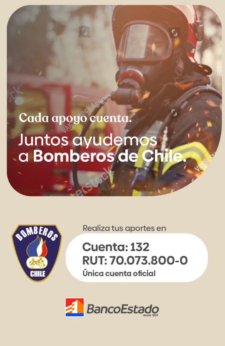¡𝗖𝗼𝗻𝘁𝗮𝗺𝗼𝘀 𝗰𝗼𝗻 𝘁𝘂 𝗮𝗽𝗼𝘆𝗼!
Ya está disponible la cuenta corriente 132 del <a href="/BancoEstado/">BancoEstado</a> para que nos ayudes a combatir esta mega emergencia forestal
#profesionalesdelaemergencia