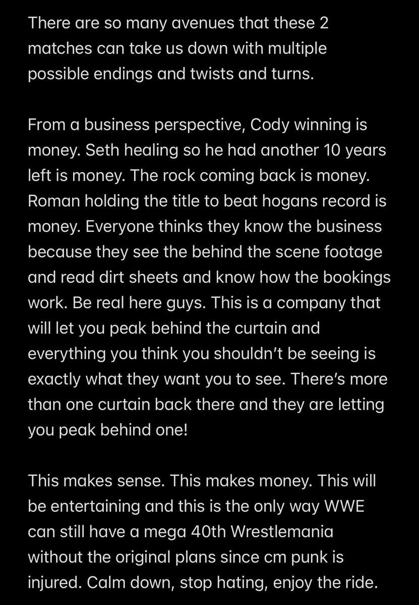 People need to stop hating on the rock v Roman and Seth v Cody. This is a business and a business decision was made after punks unfortunate injury and the McMahon scandal. As far as I’m concerned it’s a smart decision <a href="/WWE/">WWE</a> <a href="/TheRock/">Dwayne Johnson</a> <a href="/WWERollins/">Seth Rollins</a> <a href="/CMPunk/">player/coach</a> <a href="/CodyRhodes/">Cody Rhodes</a> <a href="/WWERomanReigns/">Roman Reigns</a>