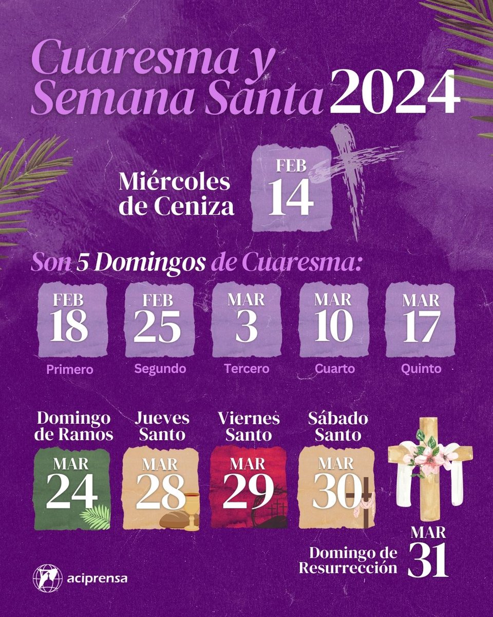 aciprensa's tweet photo. La Cuaresma, en este 2024, iniciará este 14 de febrero con el Miércoles de Ceniza, y concluirá el Jueves Santo, 28 de marzo, antes de la Misa de la Cena del Señor.

La Cuaresma “es el tiempo litúrgico que marca la Iglesia para prepararnos para la fiesta de la Pascua”.

Más información:
👉 https://t.co/CxGWuW98iy