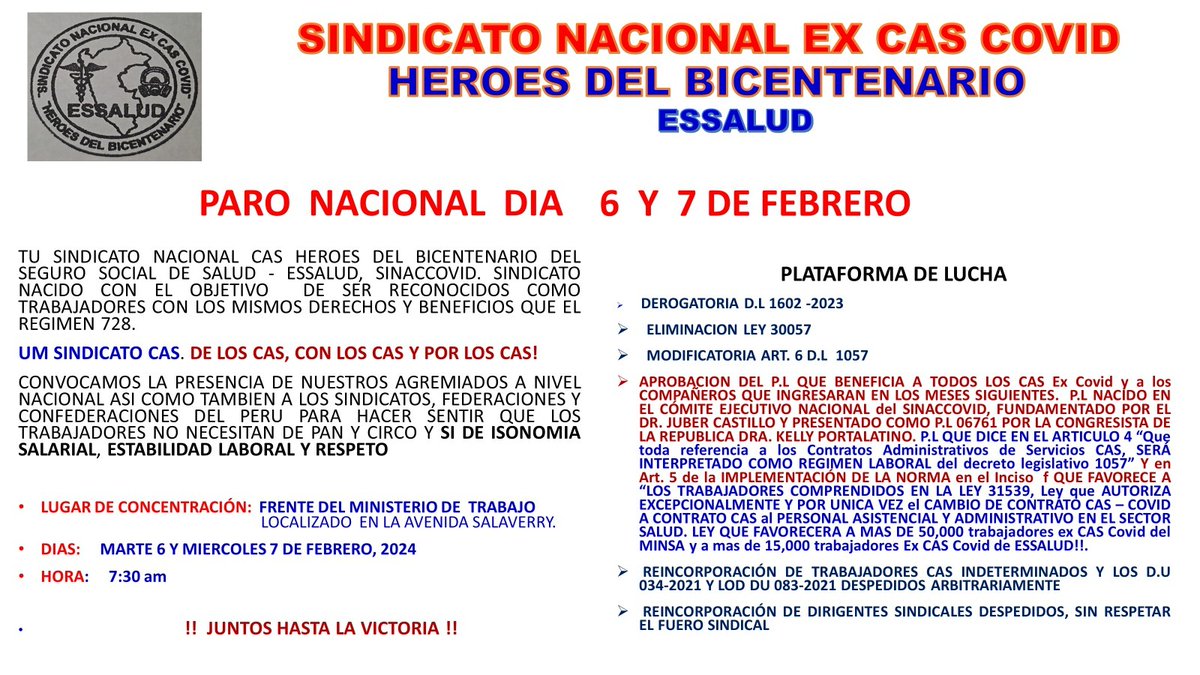 Anniecas16's tweet photo. Trabajadores del Régimen Laboral 1057 CAS realizarán #PARONACIONAL este 7 y 8 de Febrero.
#CasNuncaMás
Incluido los Ex #CasCovid de @EsSaludPeru https://t.co/kM7c0z4JO3