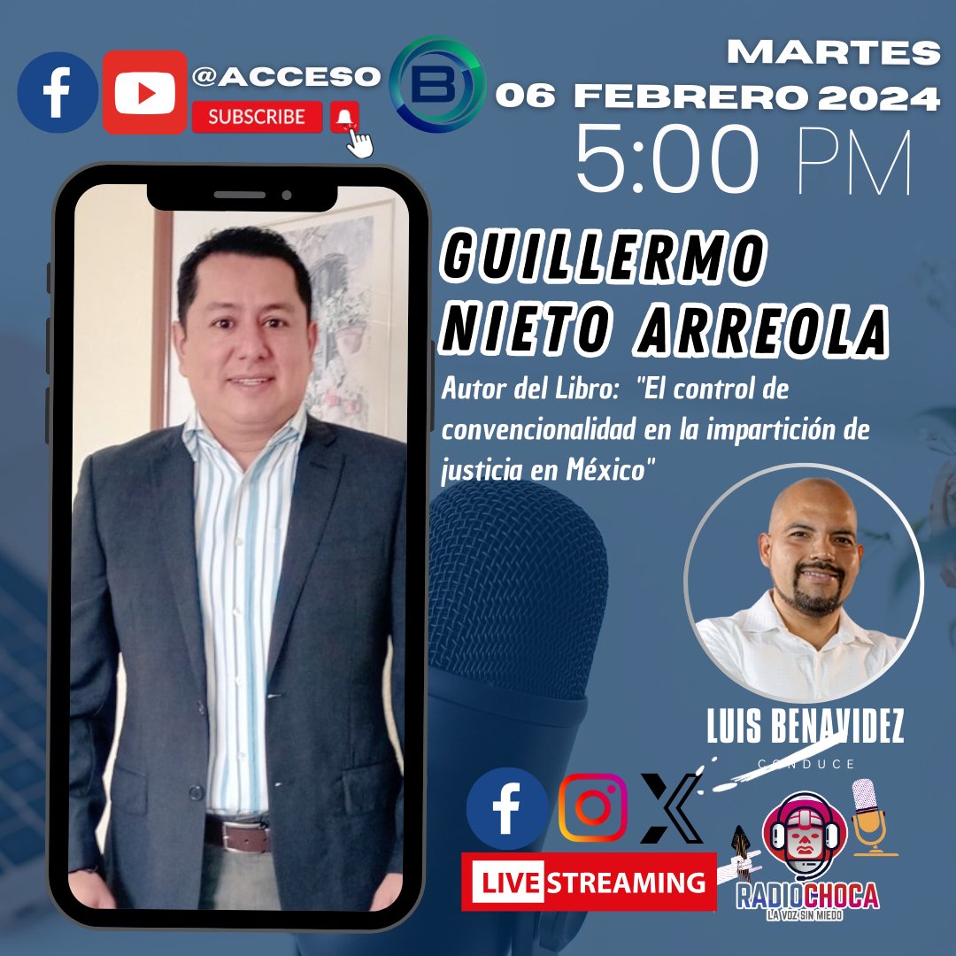 ChocaRadio's tweet photo. #AccesoB 🎙️vía #FacebookLive 🎬
Este martes 6 feb 2024, presentamos una gran conversación 💬 con
@jacamachop y @gnietoarreola, autores del libro 📕 "El Control de Convencionalidad en la Impartición de Justicia en México". 
Moderan y conduce @JulissaCastroD1 y @LuisBenavidez_ https://t.co/ALzgNrkmWE