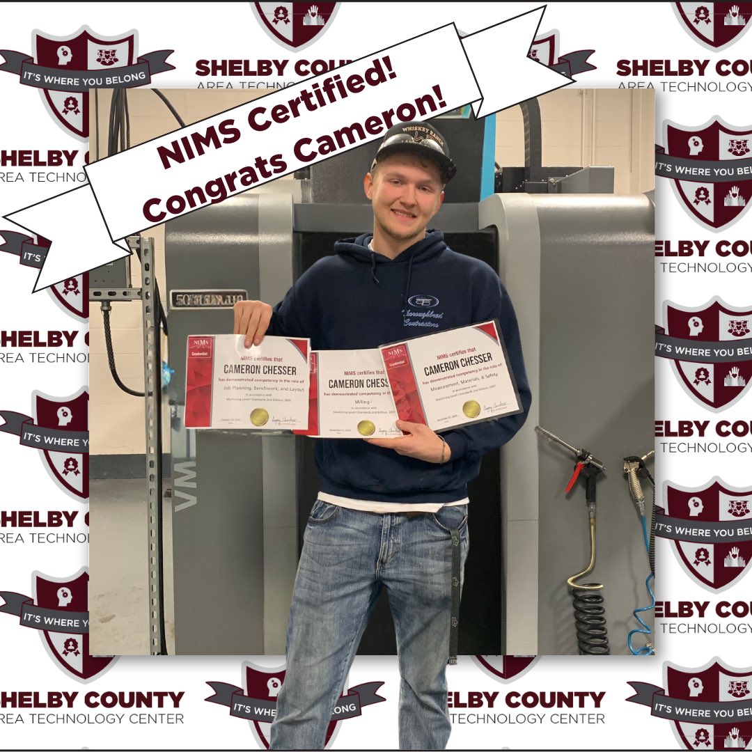 Congratulations Cameron Chesser, a Shelby County senior in Machine Tool, is NIMS Industry Certified! He has earned 3 certifications and is working on his 4th! Way to go Cameron! #itswhereyoubelong #IndustryCertification #CareerReady #IL3