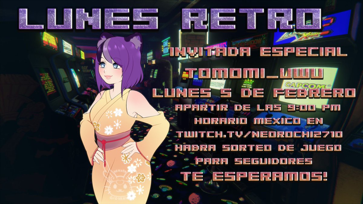 TomomiUwu's tweet photo. Nos vemos hoy a las 9 pm en el canal de Neorochi27120, para una buenas partiditas retro llenas de nostalgia, estan todos invitados, nos iremos de raid al terminar el directo habitual a las 8 pm en mi canal. Los quiero muchisimo, nos vemos en un ratito! 💜 https://t.co/t9cBN2Tia5