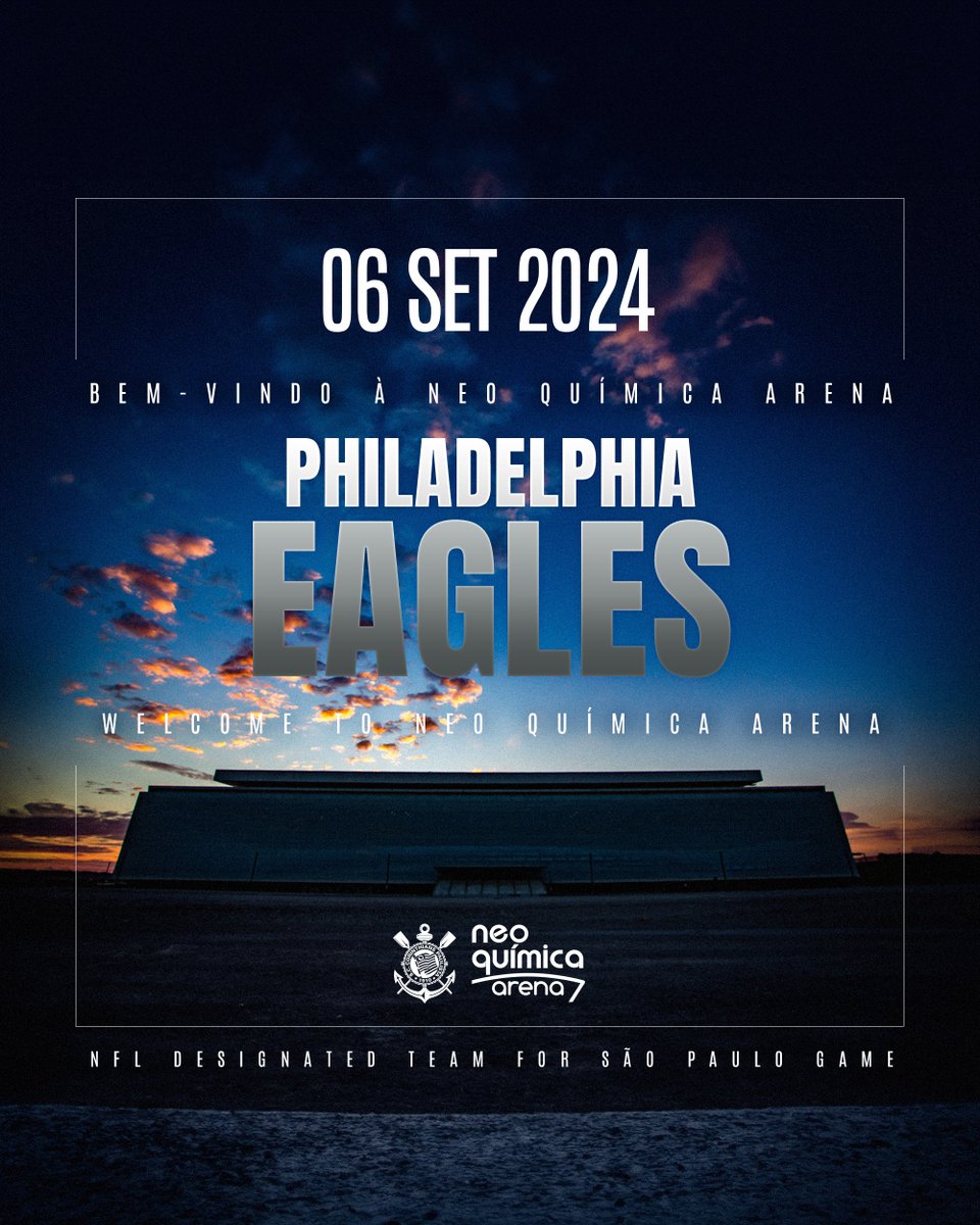 BEM VINDO, PHILADELPHIA EAGLES!!

Designated Team for São Paulo Game.

O Corinthians e a Neo Química Arena estão felizes em receber, em 6 de setembro de 2024, o time de Pensilvânia para esse histórico jogo internacional da NFL, o primeiro no Hemisfério Sul!

Falta pouco para a