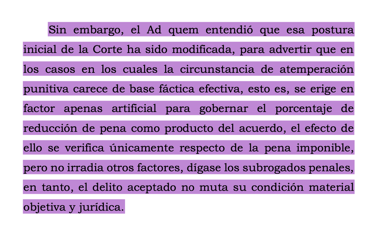 alfesac's tweet photo. @CorteSupremaJ reitera que si el preacuerdo solo consiste en una atenuación punitiva y no tiene base fáctica, el efecto de ello solo se refleja en la pena, no en otros factores como subrogados penales. https://t.co/7k94UNYmdT