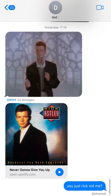 who taught my dad how to rick roll ??? https://t.co/Cj1voo4PQ0