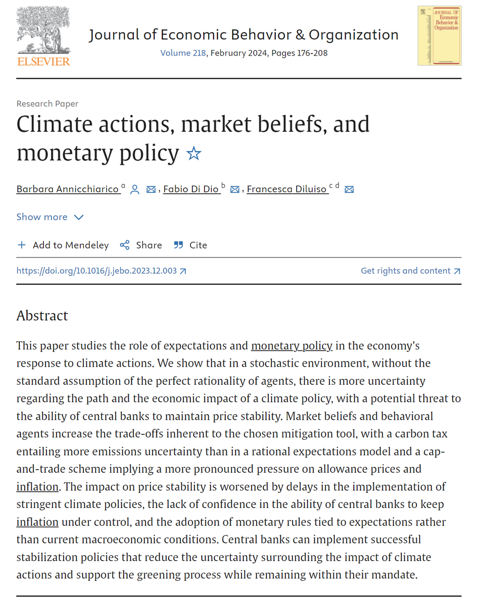Happy to share our latest publication on climate and monetary policy. We look at the role of expectations in shaping economic outcomes during a green transition. A big shoutout to my brilliant co-authors <a href="/Baannic/">Barbara Annicchiarico</a>  &amp; <a href="/FabioDiDio76/">Fabio Di Dio</a>. Dive into the findings ➡️sciencedirect.com/science/articl…