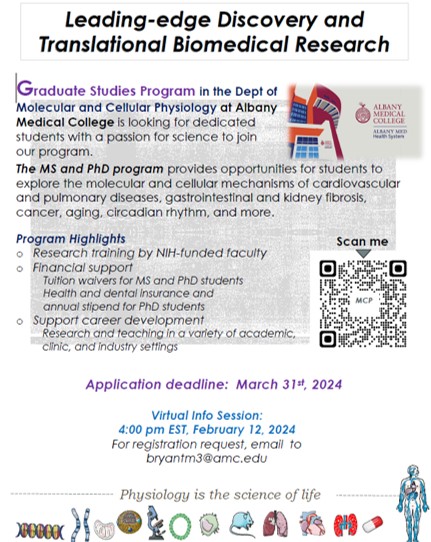 Albany Med MCP π§«π¬π§¬ (@albanymedmcp) on Twitter photo The Dept of Molecular and Cellular Physiology at Albany Medical College is looking for science enthusiasts to apply to our MS and PhD programs!
*Applications are open from Jan 29 to March 31, 2024.
*Virtual info session: (4pm Feb 12)
For registration, email to bryantm3@amc.edu The Dept of Molecular and Cellular Physiology at Albany Medical College is looking for science enthusiasts to apply to our MS and PhD programs!
*Applications are open from Jan 29 to March 31, 2024.
*Virtual info session: (4pm Feb 12)
For registration, email to bryantm3@amc.edu
