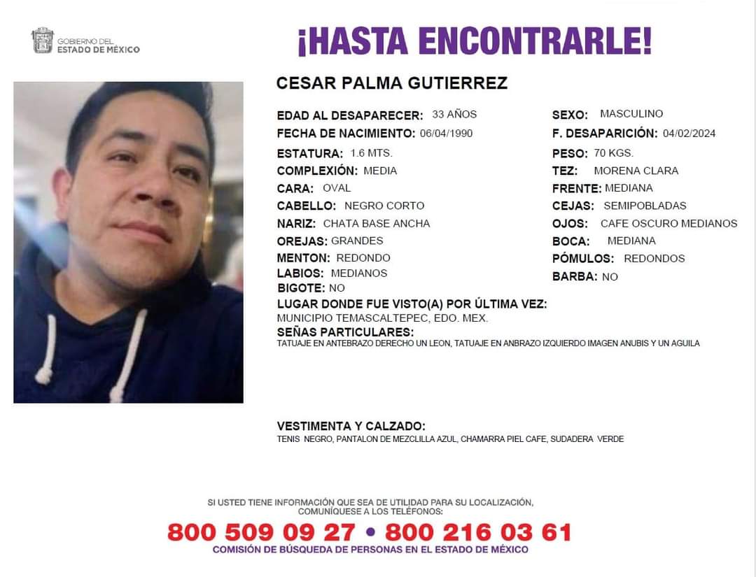 COBUPEM's tweet photo. Solicitamos de tu apoyo en difusión para dar pronta localización a César Palma Gutiérrez, comunícate a los teléfonos de COBUPEM 800 216 0361, 800 509 0927. #TodosEnLaBúsqueda https://t.co/odw63ogvx5