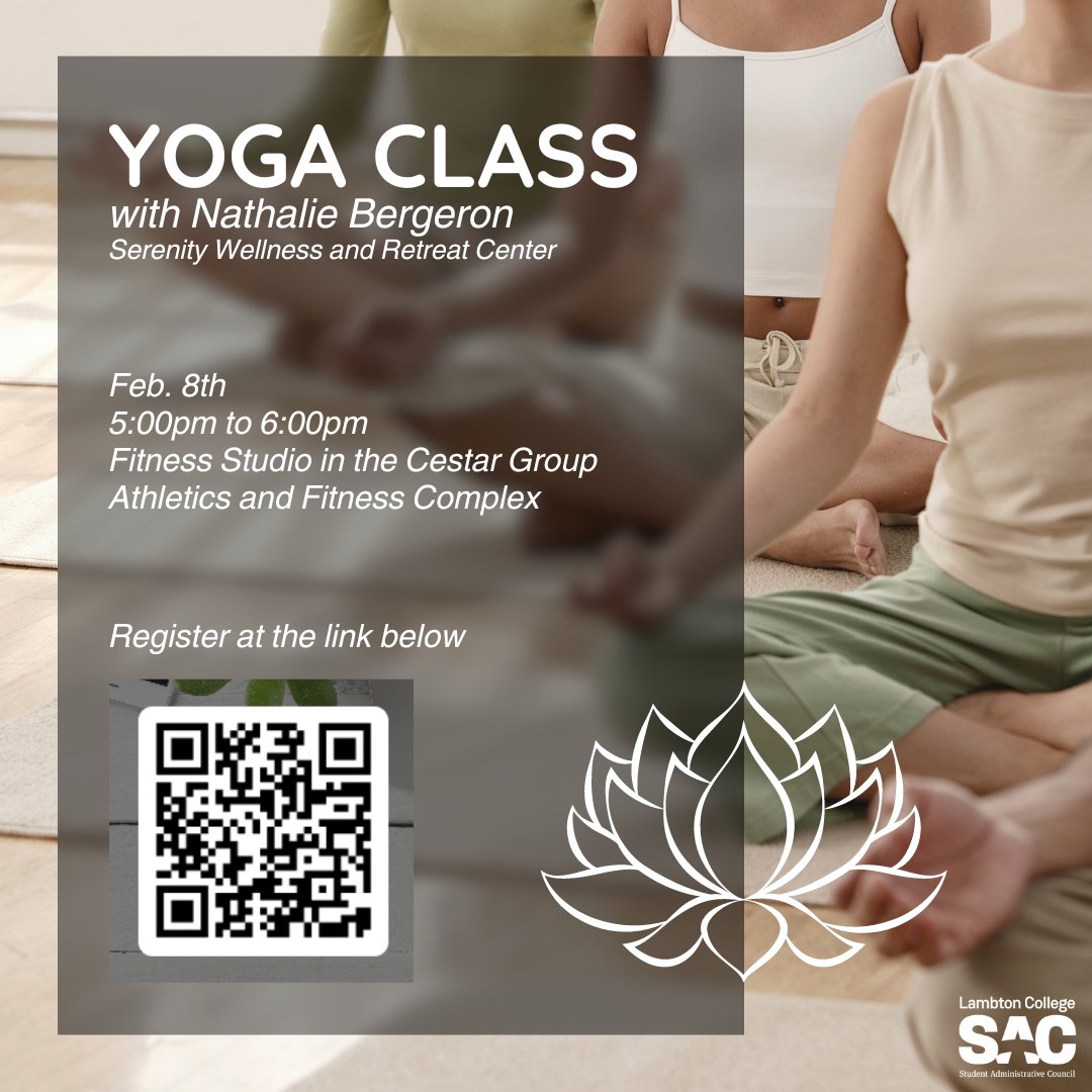 Are you looking to de-stress and stay active? Join us for a Yoga class on Feb 8th, from 5:00 to 6:00 pm at the Lambton College studio. Take a break from your studies and unwind with some relaxing yoga. Register now and bring your friends along for a fun and energizing session.
