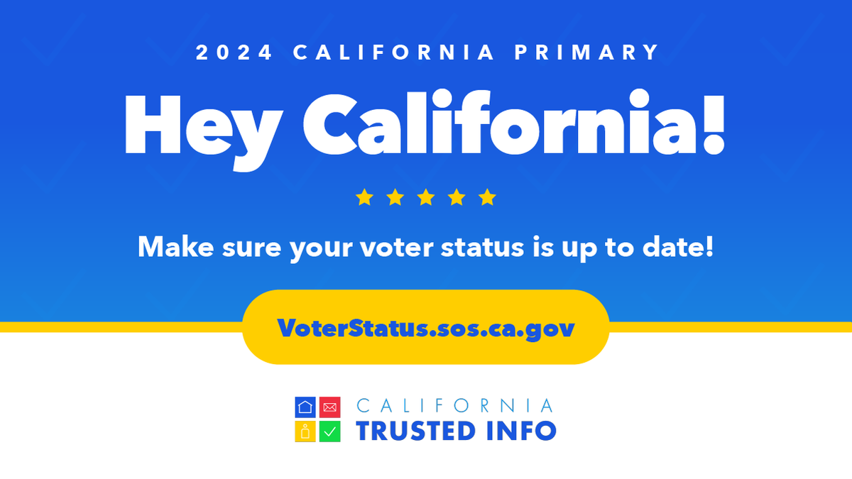 CASOSVote's tweet image. The deadline to update your voter registration online is fast approaching. Click here to view your voter status: voterstatus.sos.ca.gov