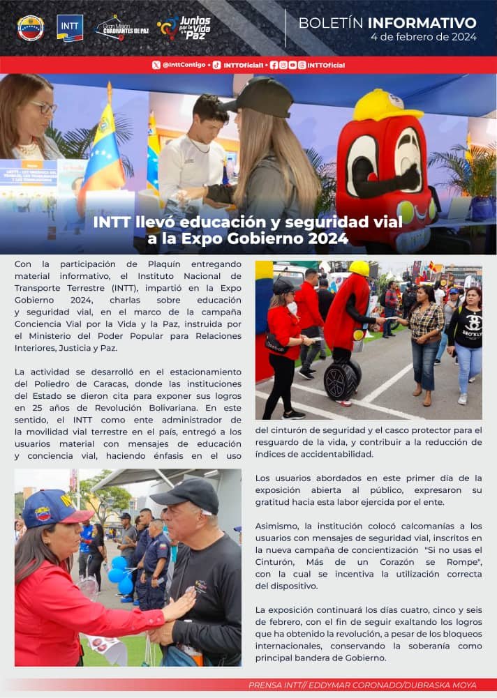 #05Ene 🇻🇪 #BoletínInformativo 📰|| INTT llevo educación y seguridad vial a la Expo Gobierno 2024. 

@InttContigo
@g_aguana
@CeballosIchaso1
@MijpVzla

#ElEquipoGana