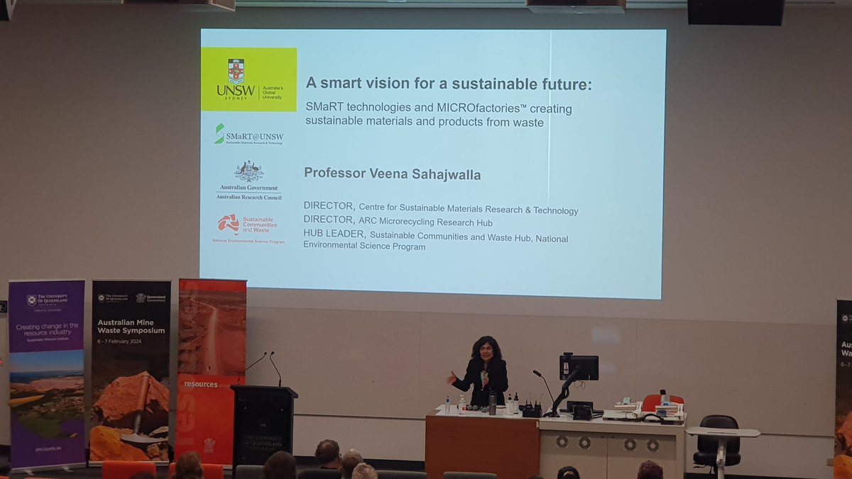 scimissionowen's tweet photo. @VeenaSahajwalla now delivering an excellent plenary - looking at mining waste holistically - from PPE waste, vehicle waste to the rocks and mineral waste which we first think of when discussing mine waste! #AMWS @SMI_UQ https://t.co/Lau3IWBKnk