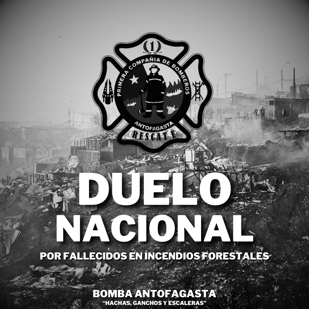 Primera Compañía de #Antofagasta envía condolencias a todos aquellos afectados por los devastadores incendios forestales en Viña del Mar, nuestro apoyo a las victimas y a los cofrades que luchan en esta catástrofe <a href="/BomberosdeChile/">Bomberos de Chile</a> <a href="/bomberos_antof/">🔴Cuerpo de Bomberos de Antofagasta🔴</a> #IncendiosForestales