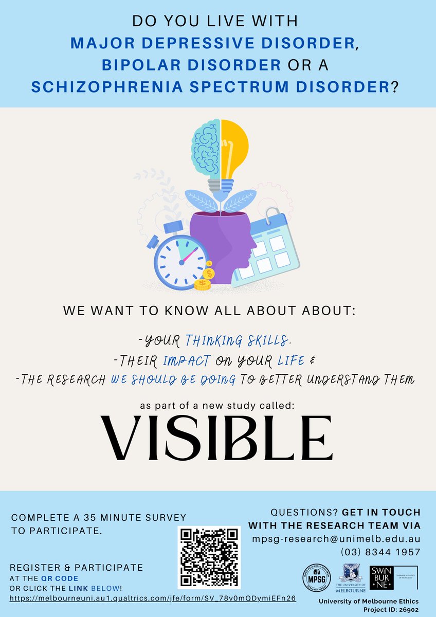 1/ Pls RT. Really excited to launch our new #VISIBLEstudy. This online study asks respondents with #depression, #bipolar &/or #schizophrenia spectrum disorders about their lived experience of thinking skill difficulties. It was created in collaboration with experts-by-experience.