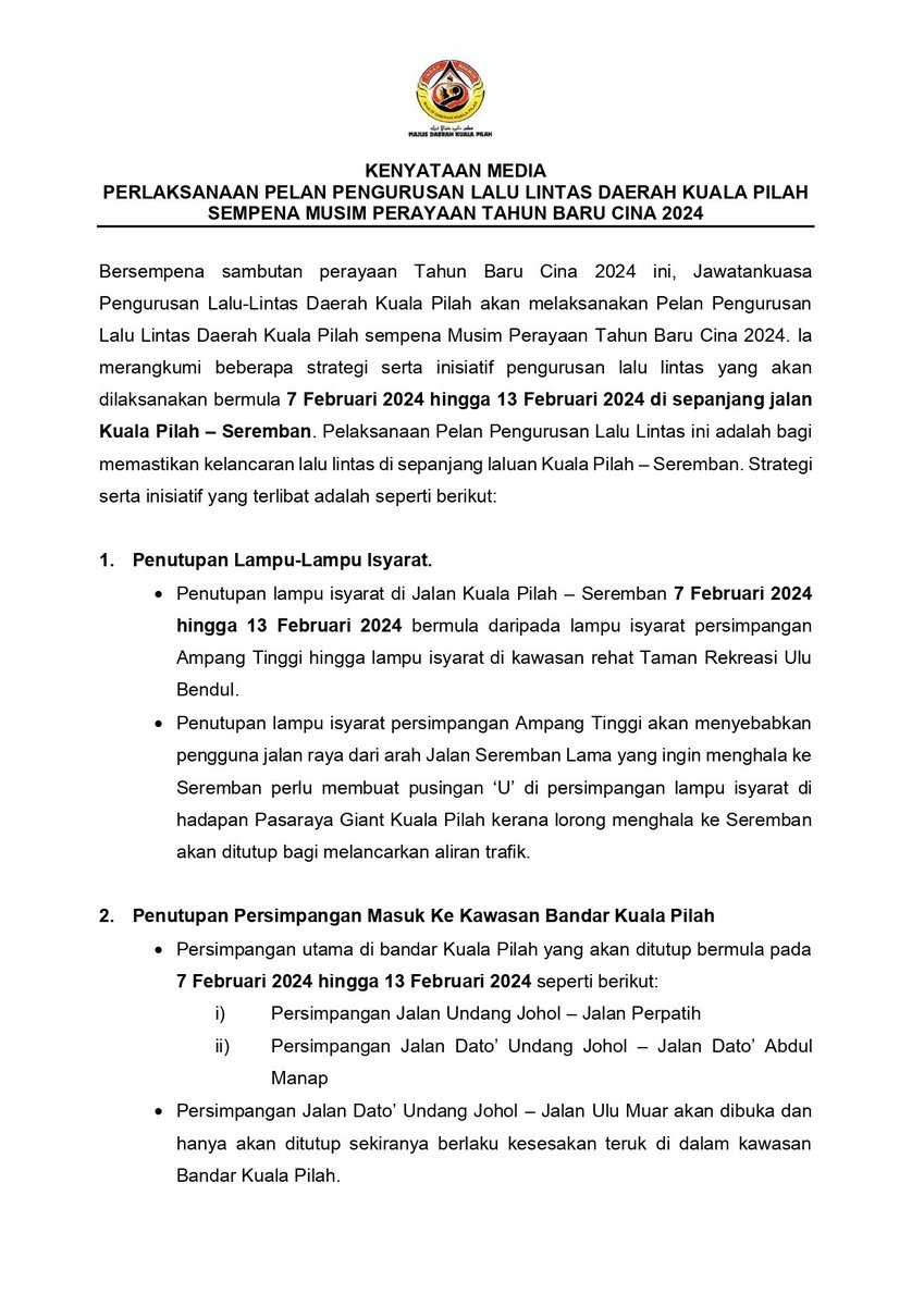 MDKP1's tweet photo. Kenyataan Media Perlaksanaan Pelan Pengurusan Lalu Lintas Daerah Kuala Pilah Sempena Tahun Baru Cina 2024 bermula 7 Februari 2024 hingga 13 Februari 2024 untuk makluman serta dikongsikan bersama semua kenalan dan kumpulan media sosial.
Sekian, terima kasih. https://t.co/ZVSP9zgAZ3