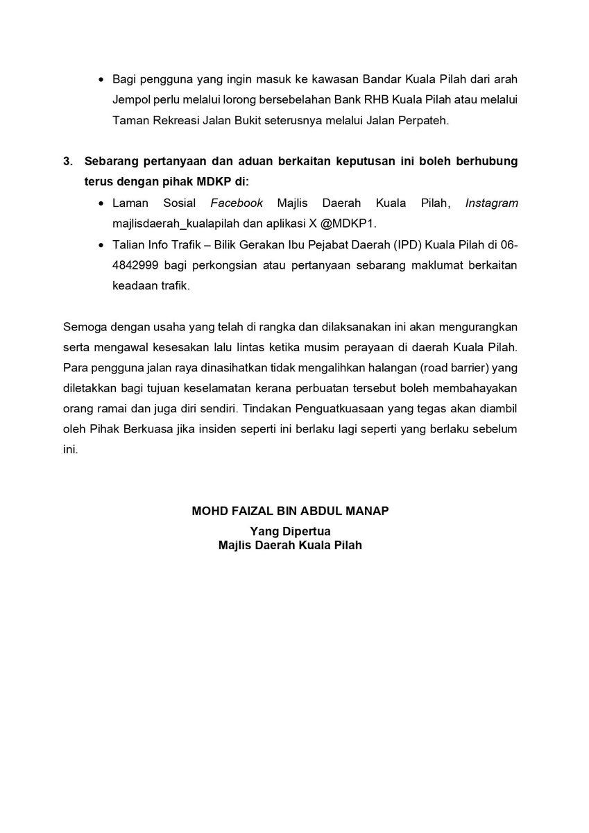 Kenyataan Media Perlaksanaan Pelan Pengurusan Lalu Lintas Daerah Kuala Pilah Sempena Tahun Baru Cina 2024 bermula 7 Februari 2024 hingga 13 Februari 2024 untuk makluman serta dikongsikan bersama semua kenalan dan kumpulan media sosial.
Sekian, terima kasih.