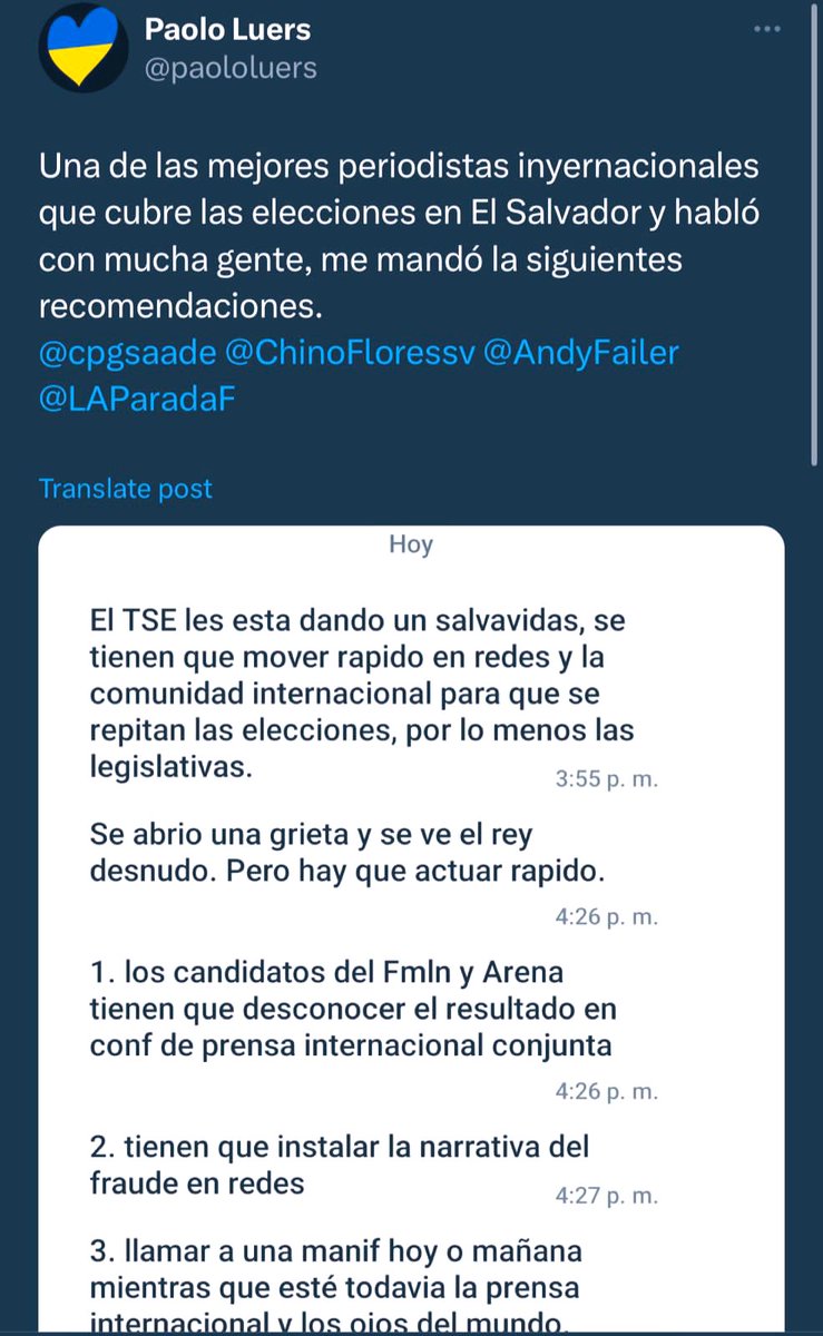 LauraPocaSV's tweet photo. 🚨🚨🚨ALERTA PUEBLO🚨🚨🚨

#DenunciaOficial 

Señor @FiscalGeneralSV @FGR_SV :

En un error de publicación @paololuers #REVELO el plan malévolo de intentar hacer fraude y deslegitimar las elecciones del día de ayer! 

Es inconcebible la desesperación de los activistas políticos ocultos tras la máscara de periodista!! 

Hago un llamado al pueblo salvadoreño a estar atentos a cualquier moviento tanto de los opsitores como la del @TSEElSalvador

Señora @DoraEsmeralda_ usted es garante que los resultados se mantengan tal cual y fueron contados a voz alta y mostrados en mesas ante los observadores internacionales!! #NO se deje amendrentar de ninguna presión! 

Estamos observando!