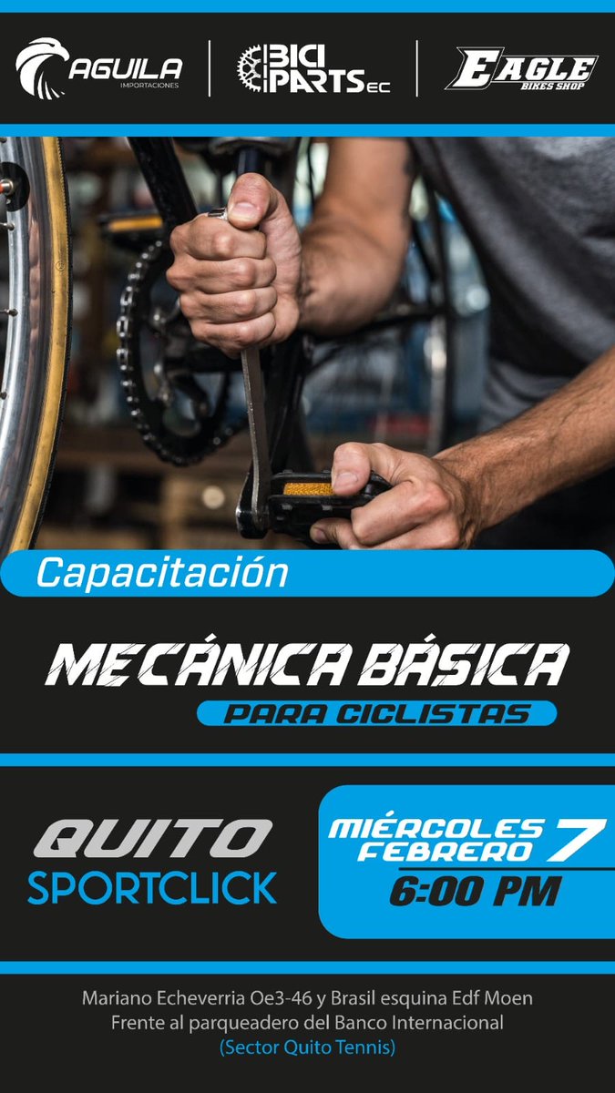 #ATENCION 
Este miércoles 7 de febrero a las 18h00 la pipol de #SportClick facilitará un taller de mecánica básica para ciclistas🧑‍🔧👩‍🔧🚴‍♀️🚴‍♂️y se llevará a cabo en sus instalaciones (Edificio Moën: Mariano Echeverría Oe3-46 y Brasil).
Inscripciones: forms.gle/s5r7QxCALTx35N…
#CicloUIO