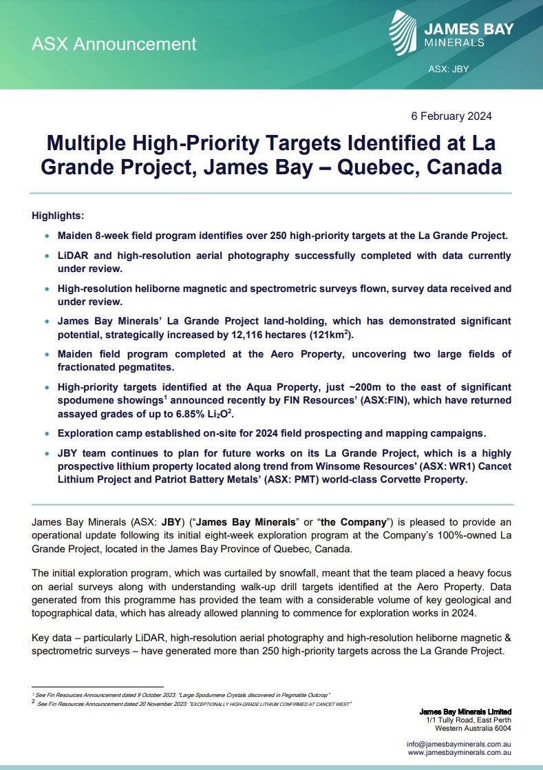 James Bay Minerals is pleased to provide an operational update following its initial 8-week exploration program at the La Grande Project, with over 250 high-priority target areas identified. ow.ly/SM9i50Qy8f2 $JBY #lithium #exploration #Canada #JamesBay #Quebec #ASX