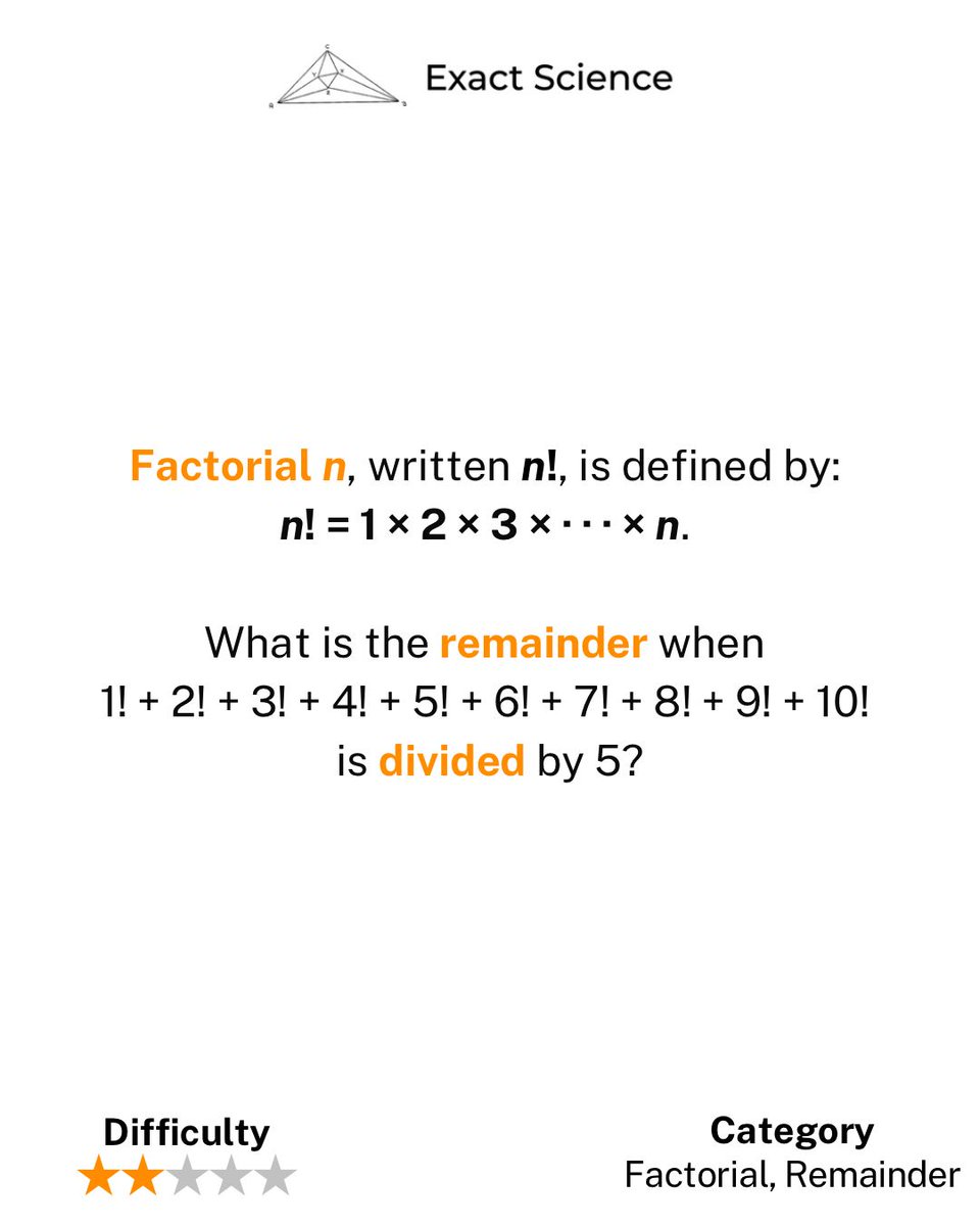 exscico's tweet image. Problem of the Day #88:

Source: UKMT - Intermediate Mathematical Challenge - 2024 - 16 

The solution link is in the bio.

#FactorialSum #ModularArithmetic #ProblemSolving #ExactScience #NumberTheory