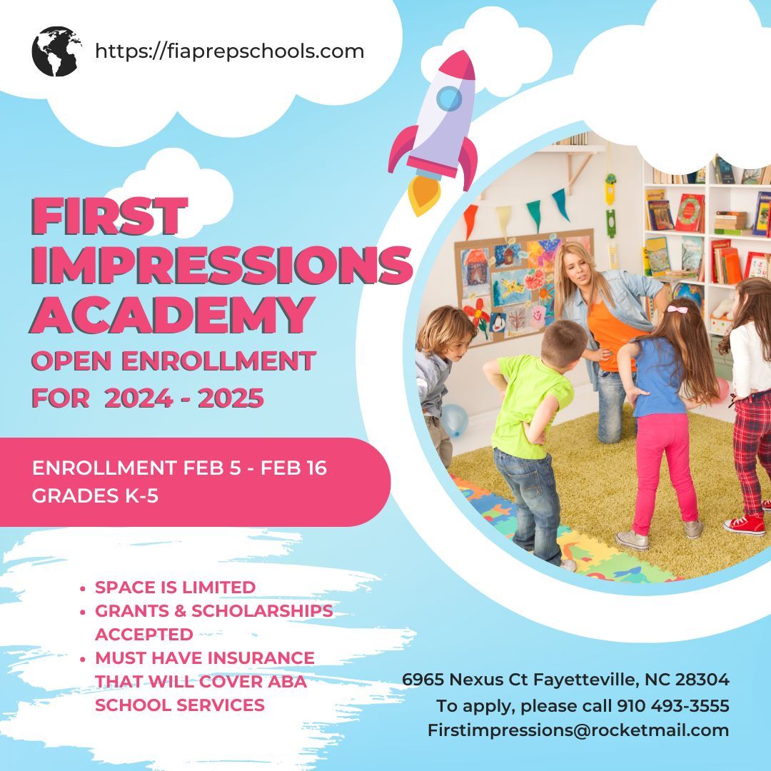 Early Registration is now open February 5th -16th by appointment only

To make an appointment for enrollment, please call 910-339-0524 or email firstimpressions@rocketmail.com

#firstimpressionsacademy #lovenewleaf #anewleaf #privateeducation #fayettevillenorthcarolina