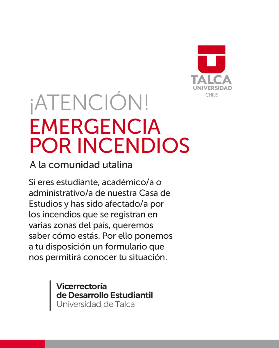 UTalca's tweet photo. Querida comunidad Utalina
Estamos tristes producto de los incendios que afectan al país, y queremos saber cómo están. 
Por ello ponemos a disposición de nuestr@s estudiantes, administrativ@s y académic@s un formulario que nos permitirá conocer tu situación
https://t.co/2Cx91QiUn5 https://t.co/ofXj6OpsZQ