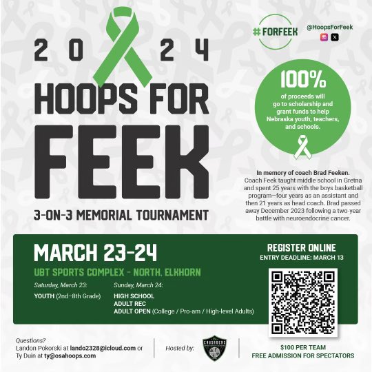 Excited to announce the 2024 Hoops For Feek 3 on 3 Memorial Tournament on March 23-24 at UBT Sports Complex! See flyer below for all info.Get your teams together and get registered!  #forfeek 💚💚💚