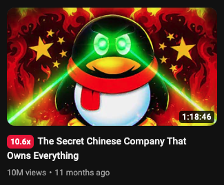 "Secret Chinese Company" and "own everything"

is such a great title on YouTube.

Using the Chinese and TikTok "fear mania" trend

to create intriguing packaging for this video.