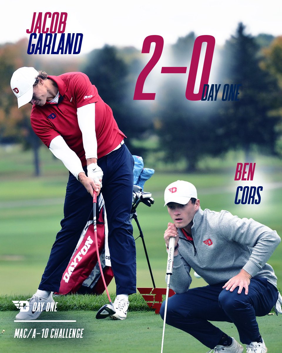 Jacob Garland and Ben Cors both go 2-0 in Day One of the MAC/A-10 Challenge👏

The Flyers go 1-1 and will face off against Central Michigan tomorrow with an 8:30 a.m. shotgun! 

Follow along smartgolf.online/tournament_acc…

#GoFlyers // #UDMGOLF