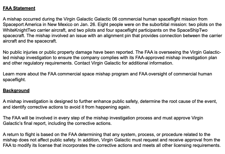 The FAA is overseeing the Virgin Galactic-led mishap investigation.

investors.virgingalactic.com/news/news-deta…