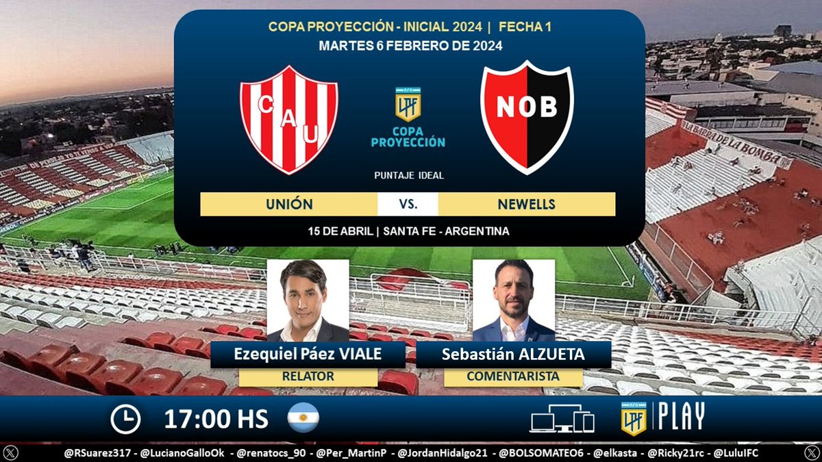 ⚽ #CopaProyeccion 🇦🇷 | #Union vs. #Newells
🎙 Relator: <a href="/Equipaez/">Ezequiel Paez</a>
🎙 Comentarista: <a href="/sebalzueta/">Sebastián Alzueta</a>
💻📱 <a href="/LPFPlay/">LPF Play</a> 🇦🇷 (gratis)
🤳 #Reserva - #ReservaLPF
Dale RT 🔃