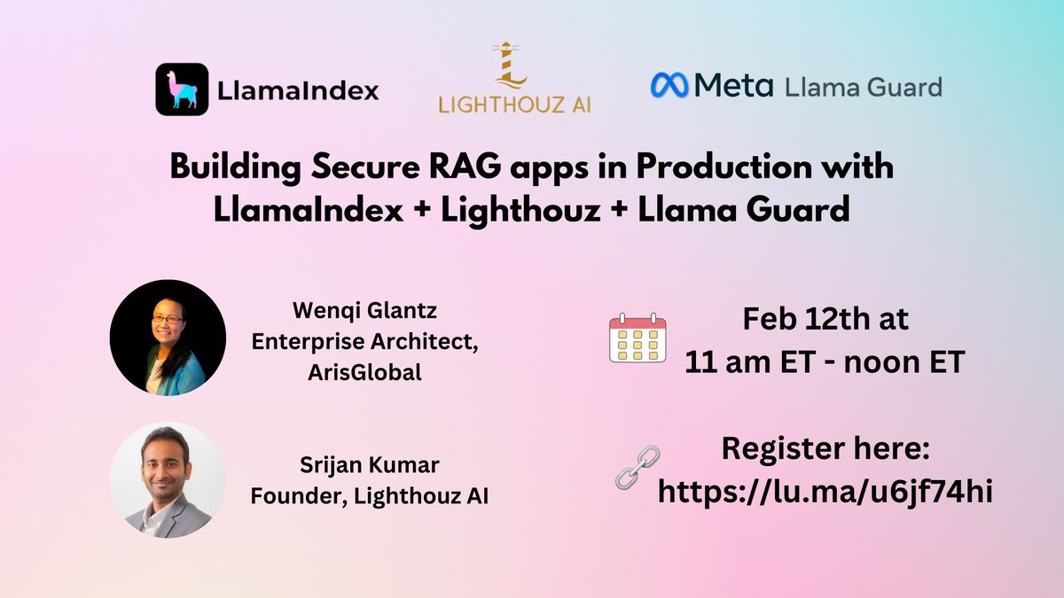 Srijan Kumar - Lighthouz AI (YC S24) 🤖 (@srijankedia) on Twitter photo 🚀 Learn how to Build Secure RAG apps in Production *in 60 mins* with <a href="/llama_index/">LlamaIndex 🦙</a> + <a href="/lighthouzai/">Lighthouz AI (YC S24)</a> + <a href="/AIatMeta/">AI at Meta</a> Llama Guard 🌟
RAG apps are all the rage in #AI #GenerativeAI, but how do you build *secure* apps that can be reliably put in production?
Join <a href="/wenqi_glantz/">Wenqi Glantz</a> to learn: 🚀 Learn how to Build Secure RAG apps in Production *in 60 mins* with <a href="/llama_index/">LlamaIndex 🦙</a> + <a href="/lighthouzai/">Lighthouz AI (YC S24)</a> + <a href="/AIatMeta/">AI at Meta</a> Llama Guard 🌟
RAG apps are all the rage in #AI #GenerativeAI, but how do you build *secure* apps that can be reliably put in production?
Join <a href="/wenqi_glantz/">Wenqi Glantz</a> to learn: