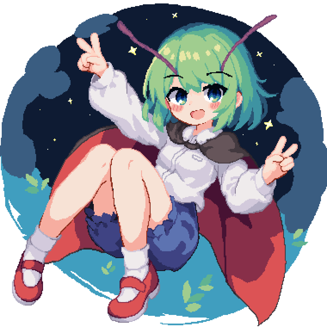 wriggle nightbug 1girl antennae solo green hair shirt white shirt open mouth  illustration images