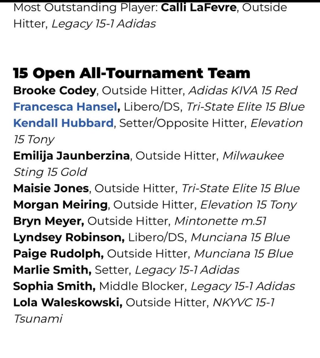 Thank you <a href="/PrepVolleyball/">PrepVolleyball.com</a> for recognizing me to be on the 15 open All-Tournament team for Central Zone! (Also congratulations to Lyndsey who is my teammate of mine who also got recognized!) <a href="/MuncianaVB/">Munciana Volleyball</a> @ROCKSVB