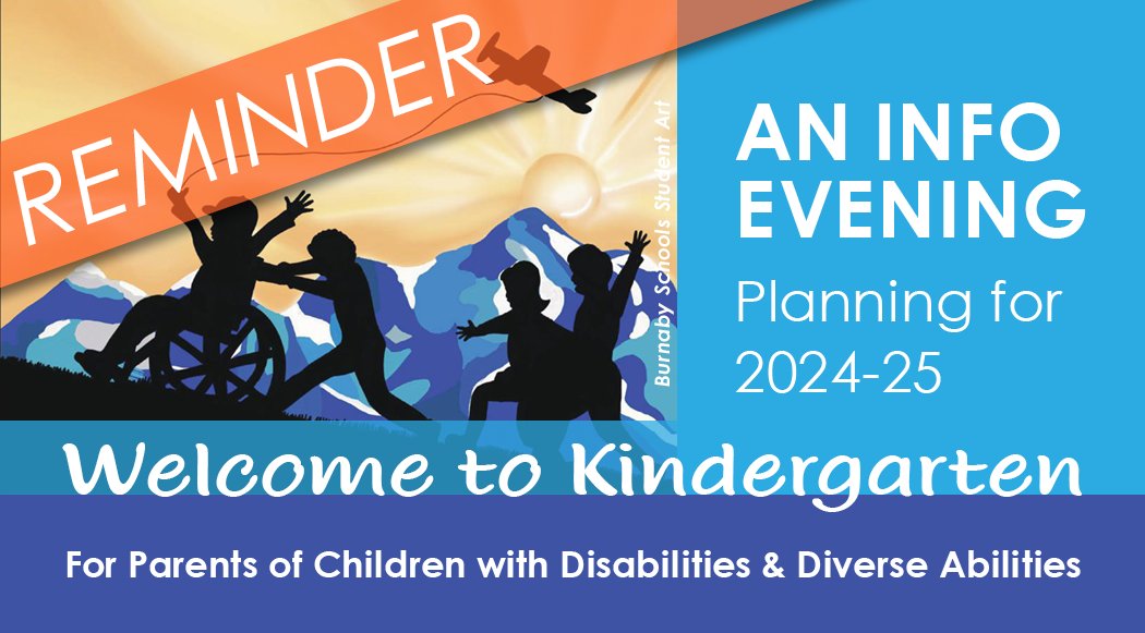 Parents of students with disabilities and diverse abilities who are entering Kindergarten in #BurnabySchools next fall are invited to an information evening. The session will take place February 8 at 6pm in the library at Alpha Secondary. 
Learn more: ow.ly/mu5550Qy7pu