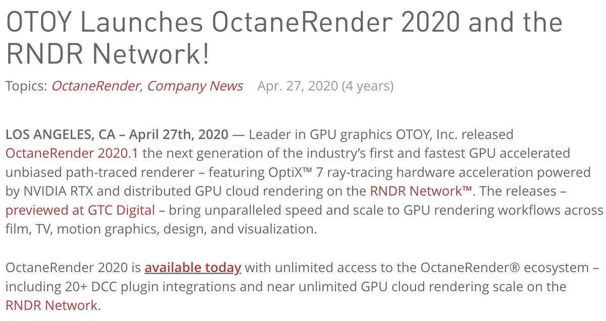 With $RNDR now in Top50, they've started to see FUD.

Just problems that come with the fame.

I just want to remind y'all OTOY's been building this vision since 2008, BEFORE crypto was a thing.

$RENDER = Born from OTOY
Competitors = Born from crypto

There's levels to this shit.